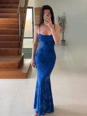 Royal Blue Mermaid Spaghetti Straps Satin Long Prom Dress