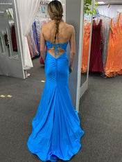 Teal Mermaid Strapless Fitted Long Prom Party Dress with Slit