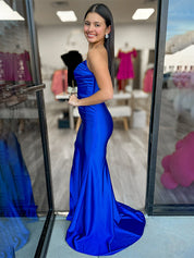 Lavender Mermaid Strapless Ruched Long Prom Dress with High Slit