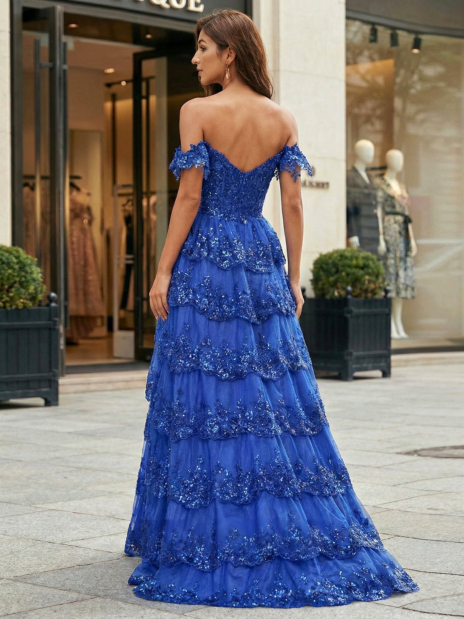 Dreamylily Prom Dress Royal Blue Off-the-Shoulder Sequin Lace Tiered