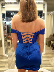 Royal Blue Off the Shoulder Beaded Ruched Short Homecoming Dress