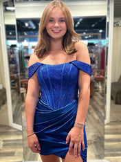 Royal Blue Off the Shoulder Beaded Ruched Short Homecoming Dress