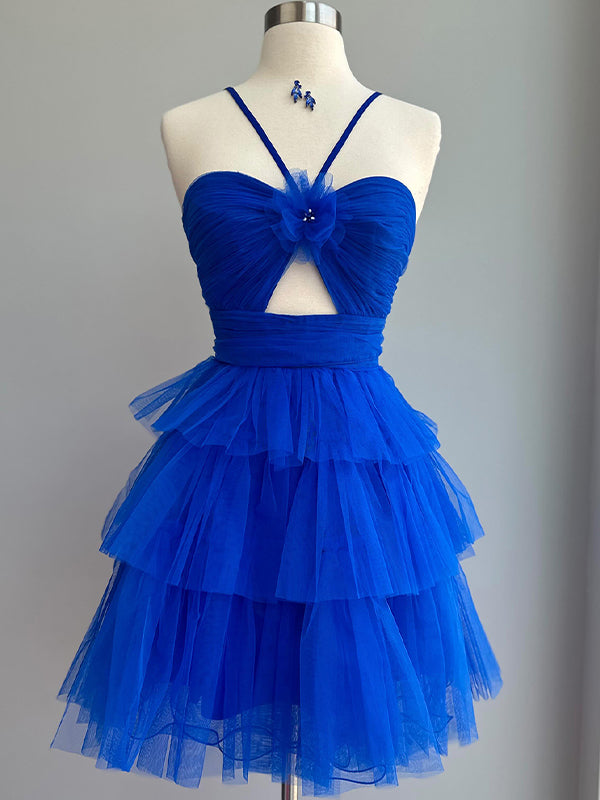 Dreamylily Women Royal Blue Spaghetti Straps A-Line Tulle Tiered Short