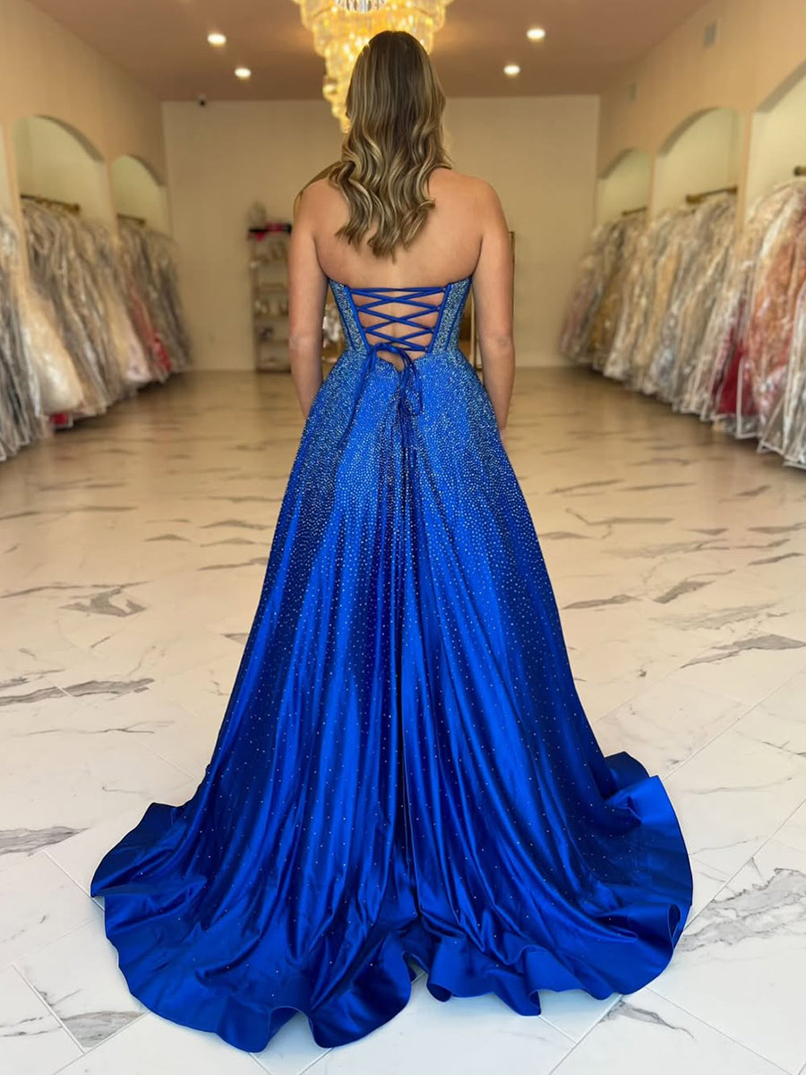 Dreamylily Prom Dress Royal Blue Sparkly Strapless A Line Corset Long
