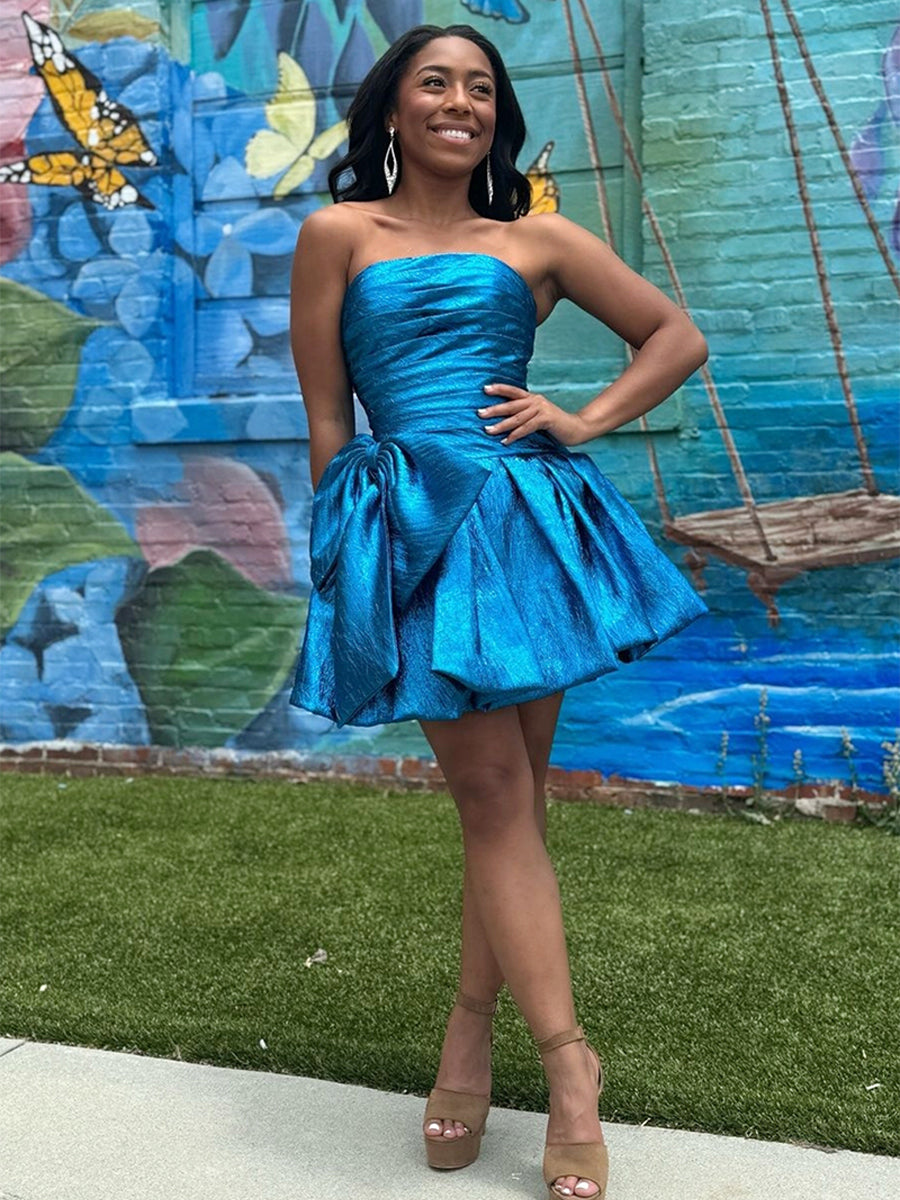 Royal Blue Strapless A-Line Ruched Short Homecoming Dress with Bow