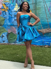 Royal Blue Strapless A-Line Ruched Short Homecoming Dress with Bow