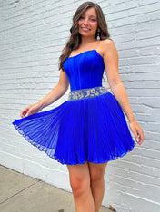 Royal Blue Strapless Beaded Ruched Short Homecoming Dress