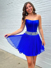Royal Blue Strapless Beaded Ruched Short Homecoming Dress