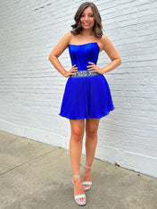 Royal Blue Strapless Beaded Ruched Short Homecoming Dress