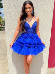 Royal Blue Straps Appliques Tiered Ruffle Short Homecoming Party Dress
