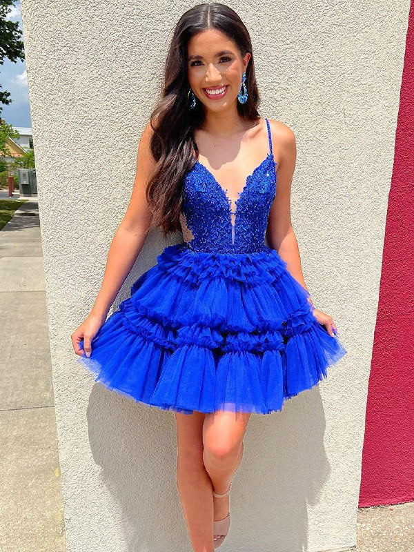 Royal Blue Straps Appliques Tiered Ruffle Short Homecoming Party Dress