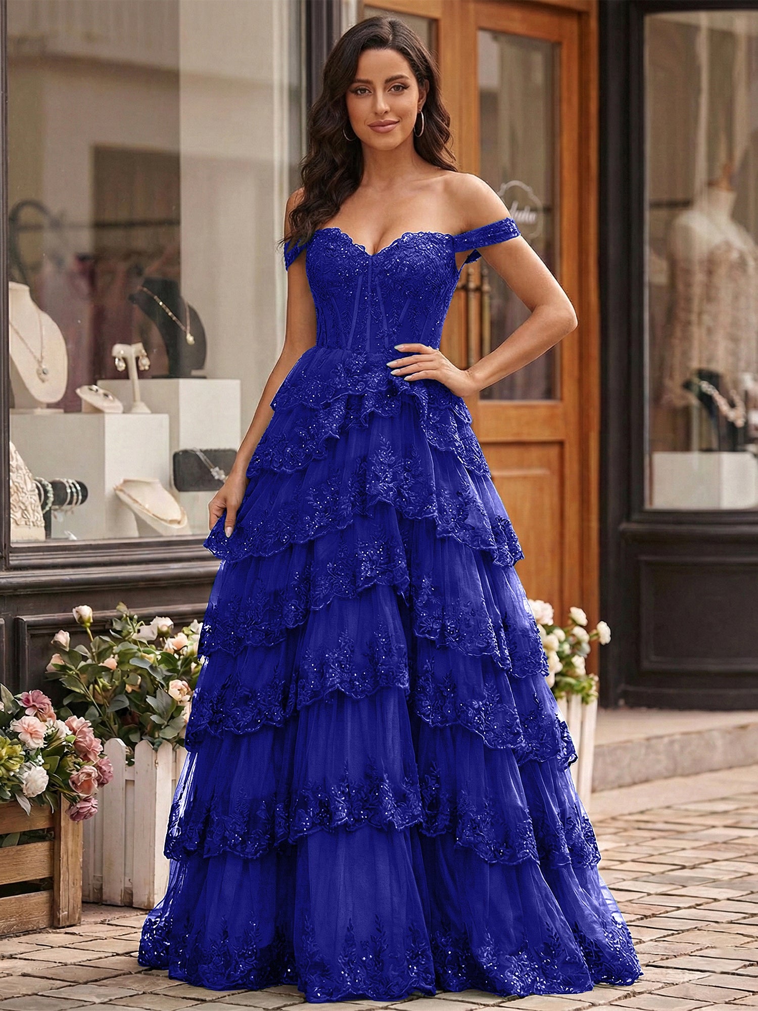 Emerald Green Lace Corset Tiered Ruffle Long Prom Dress with Slit