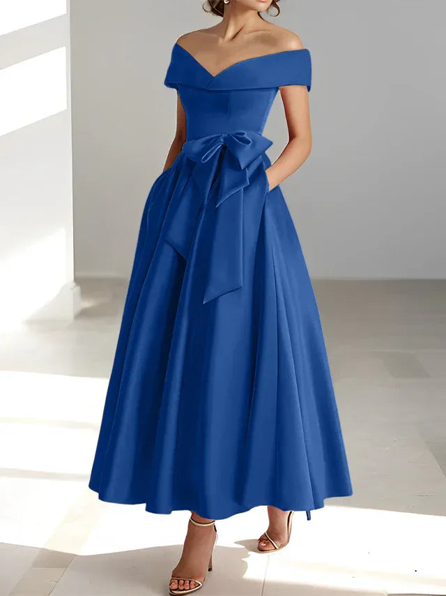 Princess Off-the-Shoulder Sleeveless Ankle-Length Mother of the Bride Dresses with Pockets