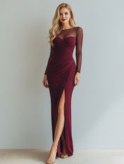 Ruched Mermaid Illusion Neck Long Formal Dress with Silt