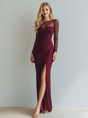 Ruched Mermaid Illusion Neck Long Formal Dress with Silt