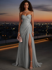 Ruched Slit Tulle Strapless Sleeveless Sheath Gown Dress