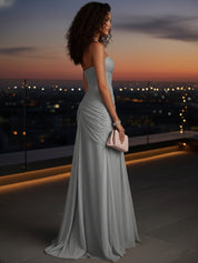 Ruched Slit Tulle Strapless Sleeveless Sheath Gown Dress