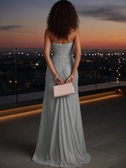 Ruched Slit Tulle Strapless Sleeveless Sheath Gown Dress