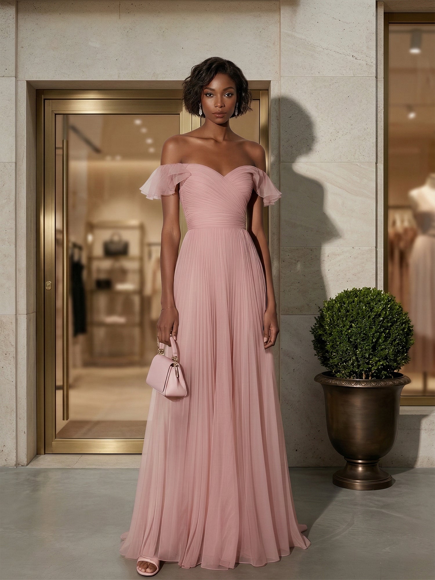 Ruffled Pleated Tulle Off The Shoulder Short Sleeve A-Line Gown Dress