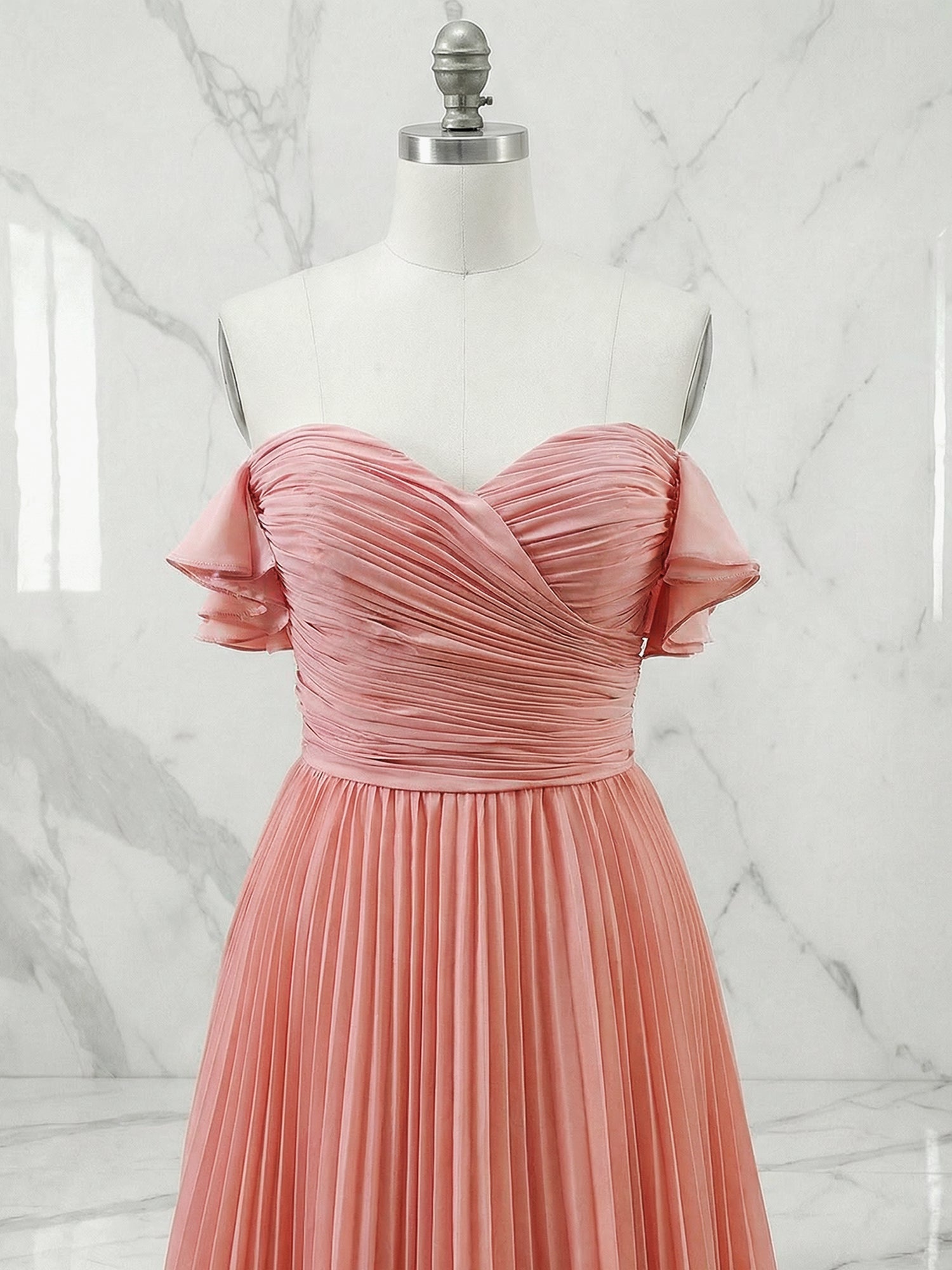 Ruffled Pleated Tulle Off The Shoulder Short Sleeve A-Line Gown Dress