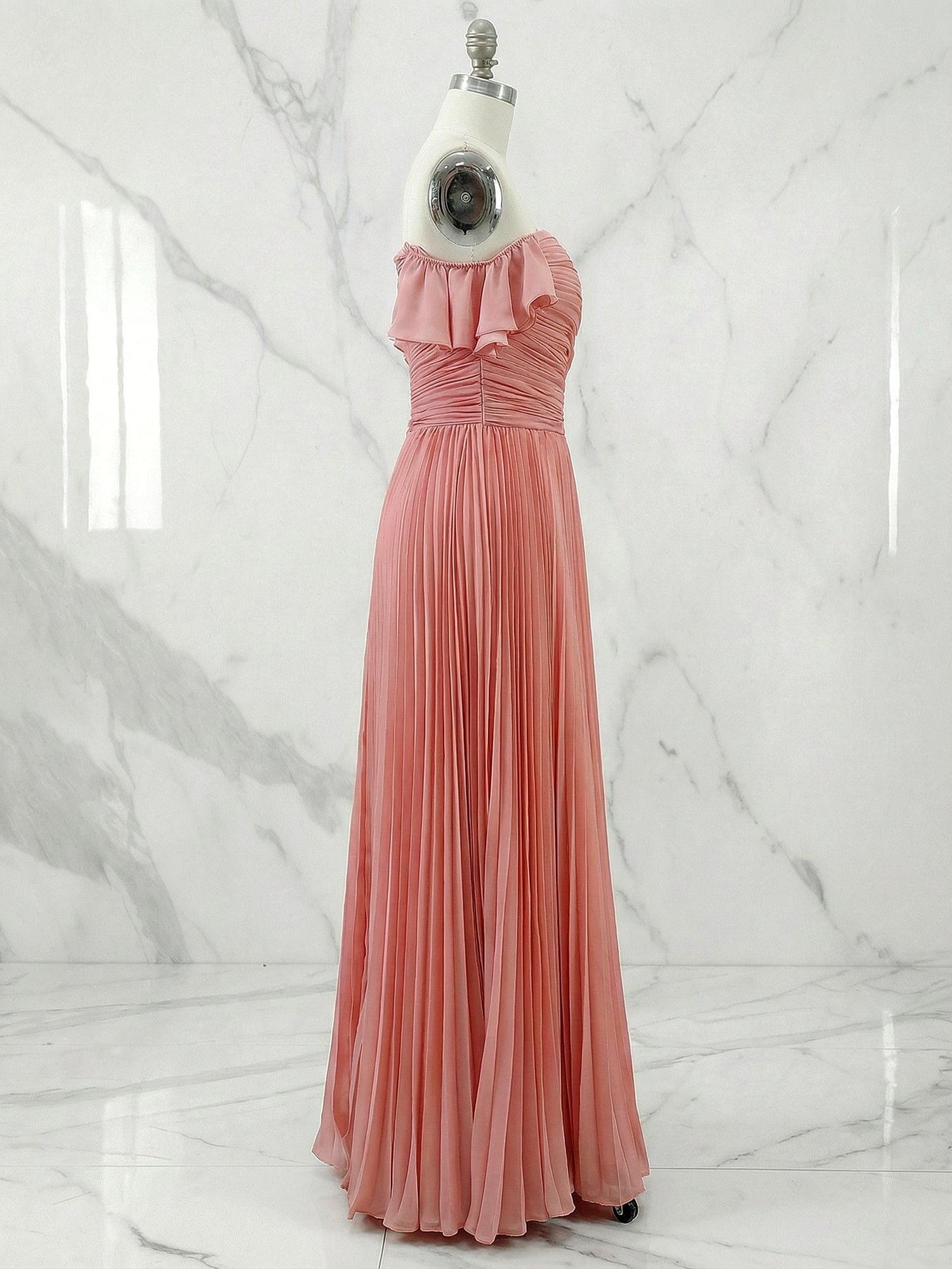 Ruffled Pleated Tulle Off The Shoulder Short Sleeve A-Line Gown Dress
