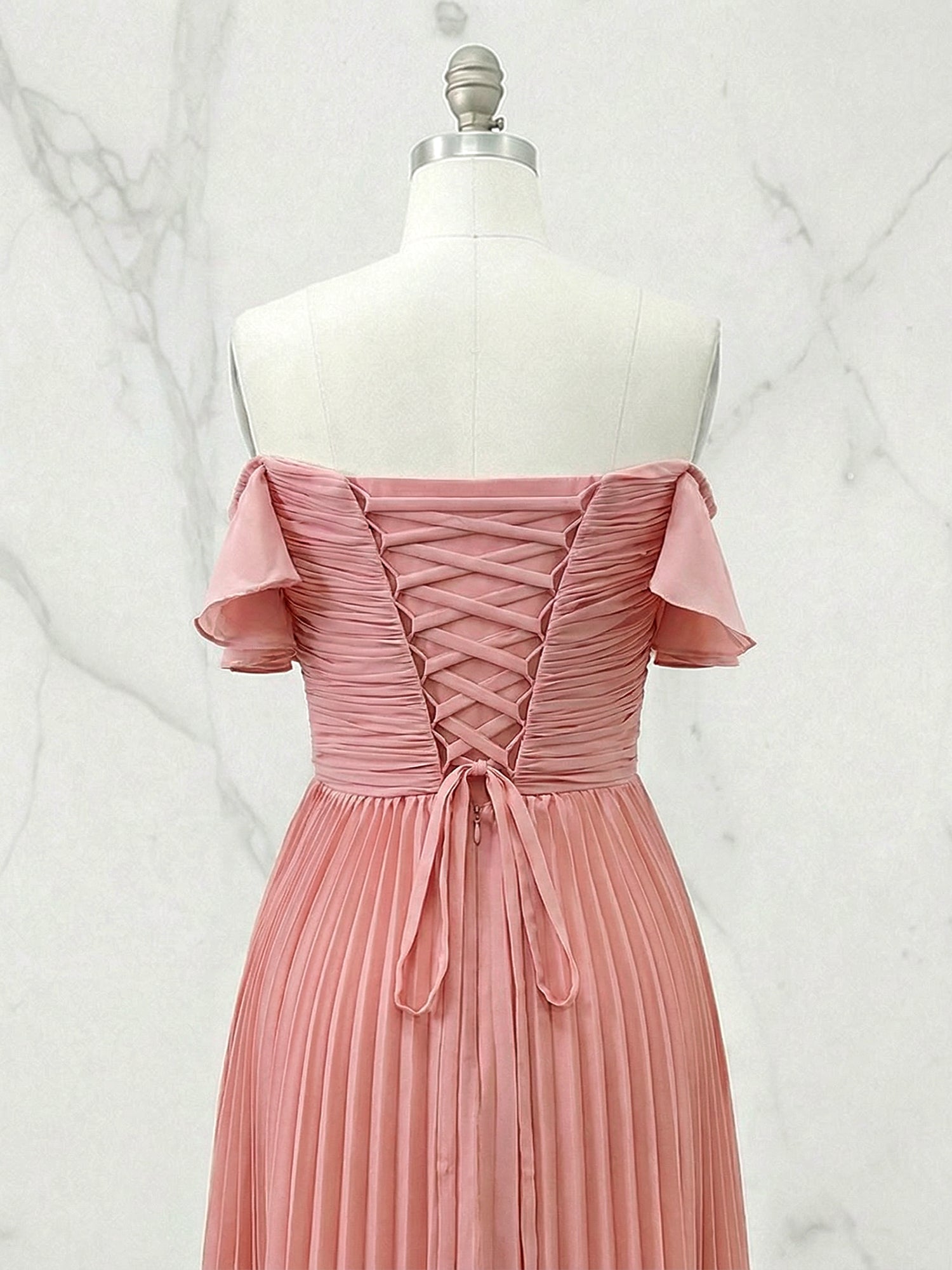 Ruffled Pleated Tulle Off The Shoulder Short Sleeve A-Line Gown Dress