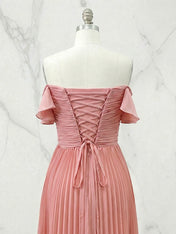 Ruffled Pleated Tulle Off The Shoulder Short Sleeve A-Line Gown Dress