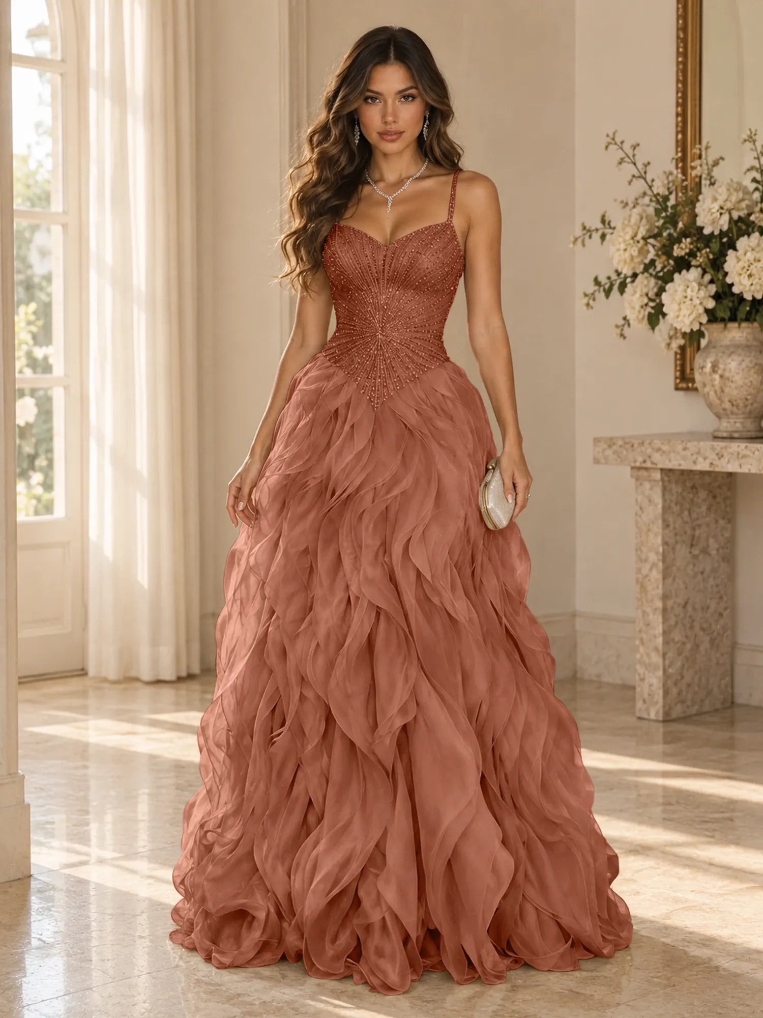 Elegant Beaded Spaghetti Strap Tiered Ruffle Ball Gown Evening Dress