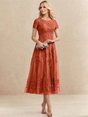 A-line Scoop Tea-Length Tulle Lace Mother of the Bride Dress