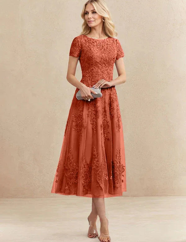 A-line Scoop Tea-Length Tulle Lace Mother of the Bride Dress