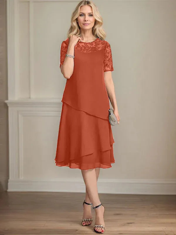 A-line Scoop Illusion Knee-Length Lace Chiffon Mother of the Bride Dress With Sequins