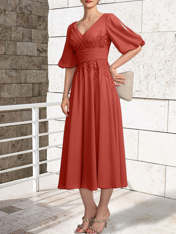 A-line V-Neck Tea-Length Lace Chiffon Mother of the Bride Dress With Pleated