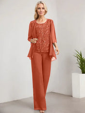Separates Jumpsuit/Pantsuit Scoop Floor-Length Lace Chiffon Mother of the Bride Dress With Sequins