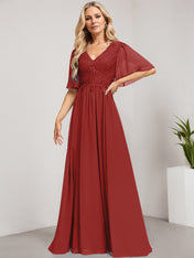 A-line V-Neck Floor-Length Lace Chiffon Mother of the Bride Dress With Sequins