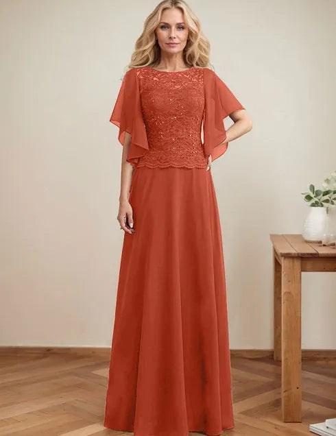 A-line Scoop Illusion Floor-Length Lace Chiffon Mother of the Bride Dress With Sequins
