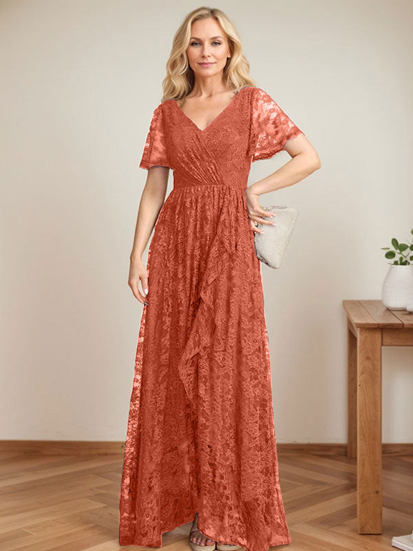 A-Line V-Neck Asymmetrical Lace Mother of the Bride Dress With Cascading Ruffles