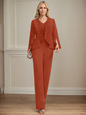 Separates Jumpsuit/Pantsuit V-Neck Floor-Length Chiffon Mother of the Bride Dress