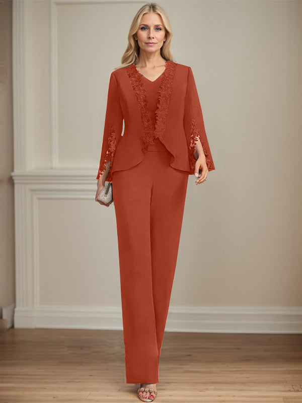Pantsuit V-Neck Floor-Length Chiffon Mother of the Bride Dress