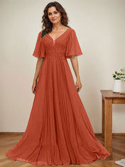 A-line V-Neck Floor-Length Chiffon Mother of the Bride Dress With Sequins Appliques Lace Pleated