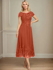 A-line Illusion Scoop Tea-Length Lace Chiffon Mother of the Bride Dress With Sequins