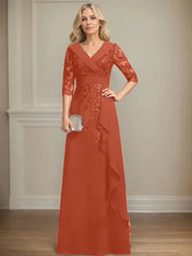 A-line Collared V-Neck Floor-Length Lace Chiffon Mother of the Bride Dress With Sequins Cascading Ruffles