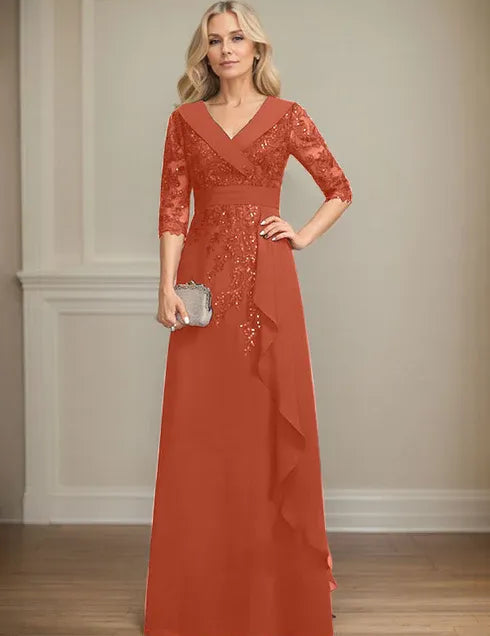 Robe de mère de la mariée trapèze, col en V, longueur au sol, en mousseline de soie et dentelle, avec volants en cascade et paillettes 