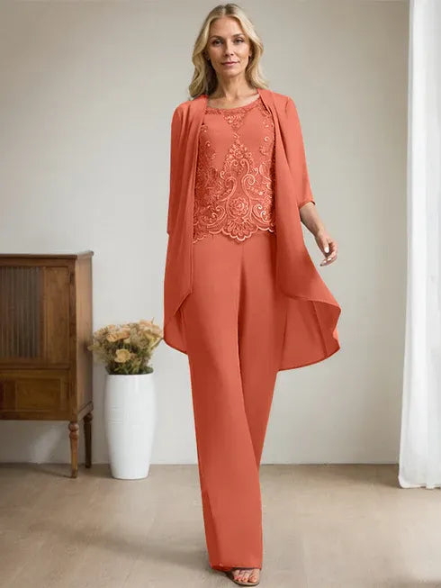 Pantsuit Scoop Floor-Length Chiffon Lace Mother of the Bride Dress With Beading Sequins