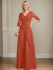 A-line V-Neck Floor-Length Lace Chiffon Mother of the Bride Dress With Cascading Ruffles Sequins