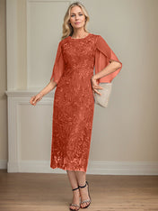 Sheath/Column Scoop Tea-Length Lace Chiffon Mother of the Bride Dress