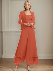 Separates Jumpsuit/Pantsuit Square Ankle-Length Lace Chiffon Mother of the Bride Dress With Sequins