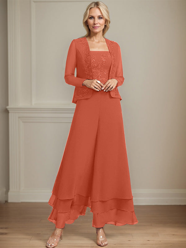 Robe de mère de la mariée en mousseline de soie, longueur cheville, avec sequins, combinaison/tailleur carré 