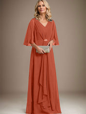 A-line V-Neck Floor-Length Chiffon Mother of the Bride Dress With Cascading Ruffles Crystal Brooch