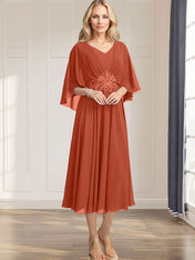 A-line V-Neck Tea-Length Chiffon Mother of the Bride Dress With Pleated Sequins Appliques Lace Beadind