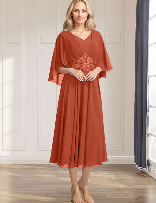 A-line V-Neck Tea-Length Chiffon Mother of the Bride Dress With Pleated Sequins Appliques Lace Beadind